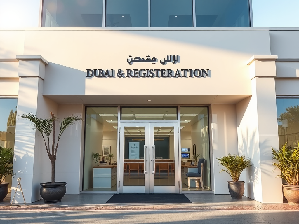 Вход в офис Dubai & Registration, оформленный в современном стиле с зелеными растениями и светлыми тонами.